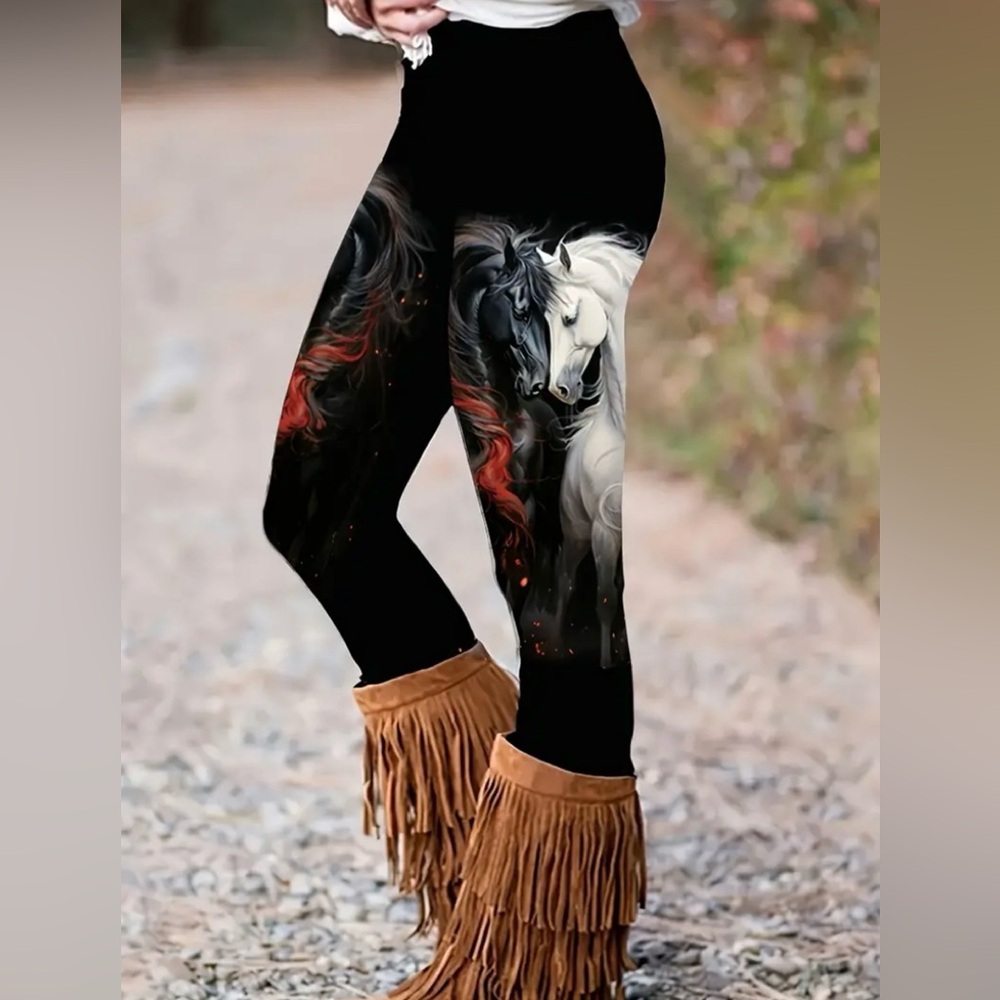 Black Leggings with White and Red Horse Print - Picture 2 of 4